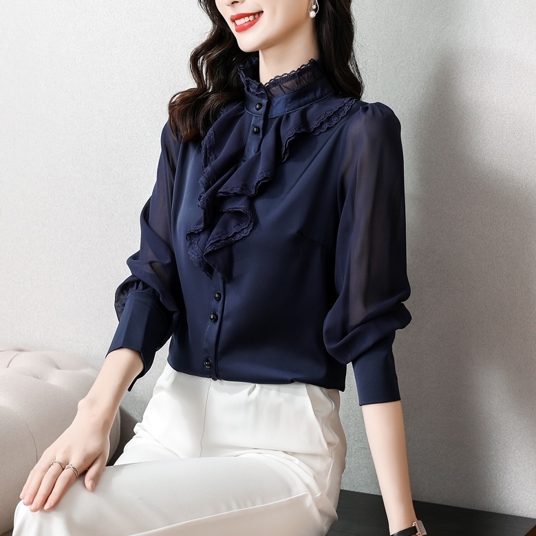 トップス シャツ カットソー シフォン ブラウス 首元フリル レース レトロレース 光沢ボタン 丸ボタン 袖あり 7分袖 ハイネック レース かわいい かっこいい 大人可愛い 無地 シンプル 大人