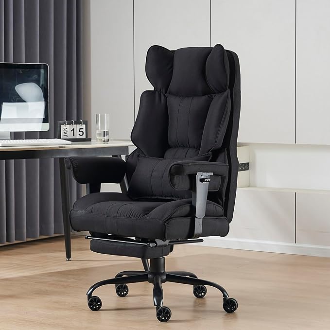 ゲーミングチェア デスクチェア 肉厚座面 オフィスチェア パソコンチェア オットマン付き ゲーム用チェア ハイバック テレワーク 椅子 通気性 （布張地） (ブラック)HEKIKUのストアを表示