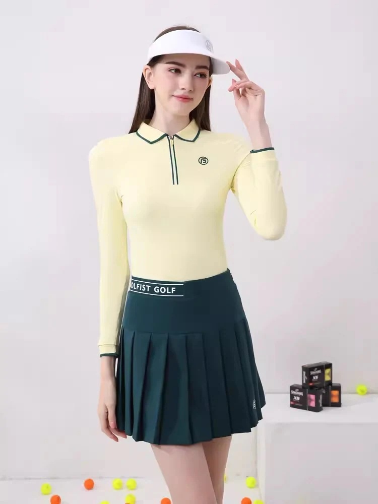 ゴルフウェア レディース スポーツウェア ゴルフスカート長袖 POLOシャツ Tシャツ スカート 上下セット イエロー グリーン プリーツスカ 春夏 秋冬 速乾 女性 テニスウェア 韓国風 おしゃれ