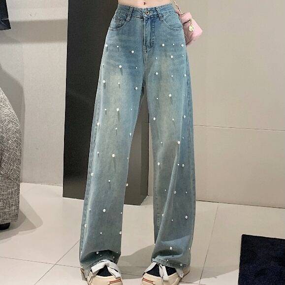 レディース ボトムス パンツ デニムパンツ ワイドパンツ ランダムパール ストレート 無地 ハイウエスト ルーズ ラフ 楽ちん ポケット