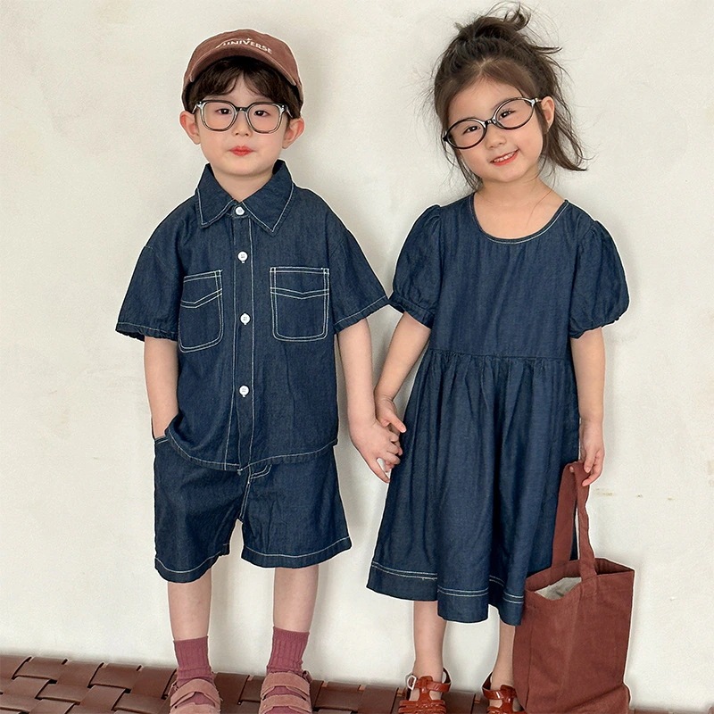 子供の夏デニムスーツ男の子2025新型サマーカジュアルベビーワンピース姉弟兄妹服 子供服 女の子 ワンピース 子供服 男の子 セットアップ キッズ服 兄妹お揃い