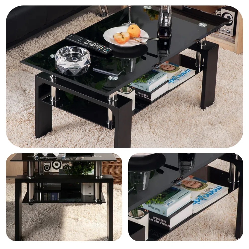 55ガラステーブル コーヒーテーブル 幅88cm 強化ガラス天板 収納付き 二段収納 おしゃれ リビング用テーブル 棚付き 一人暮らしに最適 大容量収納 センターテーブル 木製脚