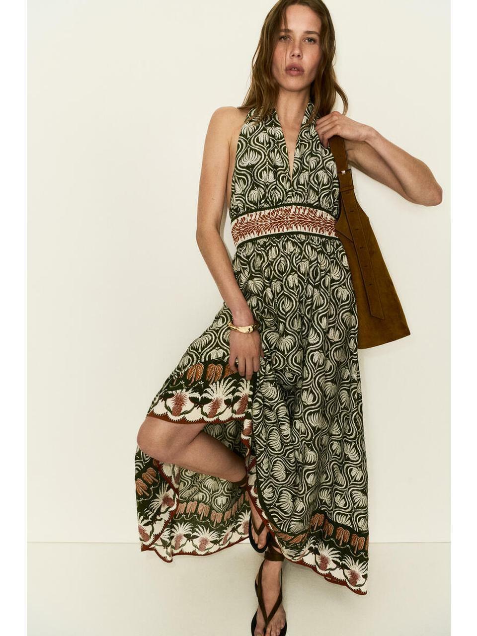 H&M フレアスカートホルターネックドレスダークグリーンパターン 1344250003
