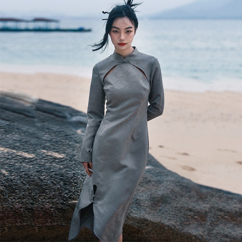 【快速出荷】チャイナ風ワンピース ロング 重ね着風ワンピース 長袖 スタンドカラーワンピース パーティードレス 改良チャイナドレス モダン