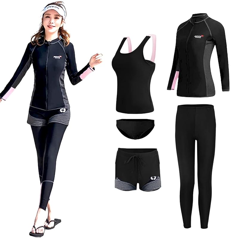 [Volsha] 水着 レディース ラッシュガード 5点セット体型カバー フィットネス セット カバーアップ タンキニ UVカット 前開き 吸汗速乾…