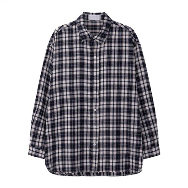 メンズオーバーフィットチェックベリド長袖シャツ RM-SHA-Q054-紺色