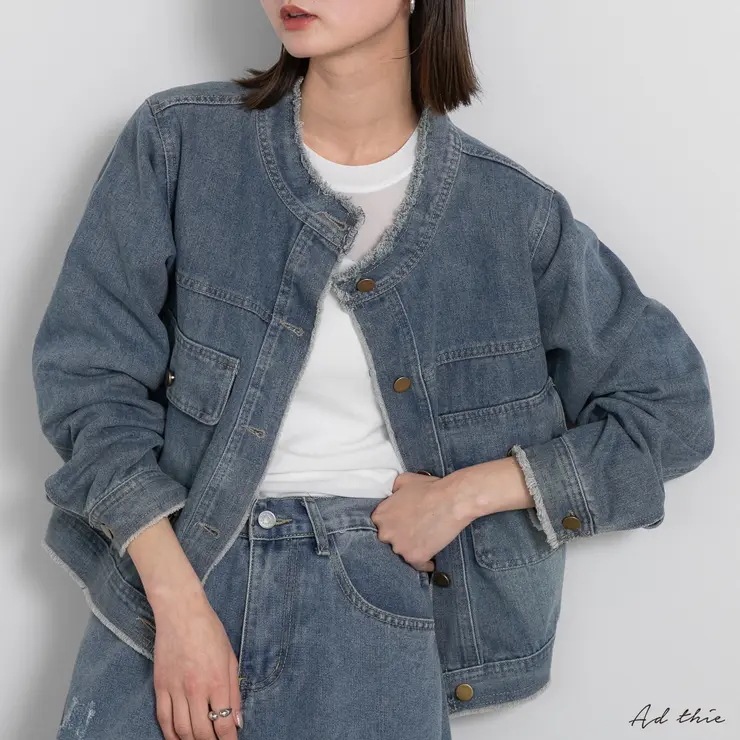 ノーカラーフリンジデニムジャケット