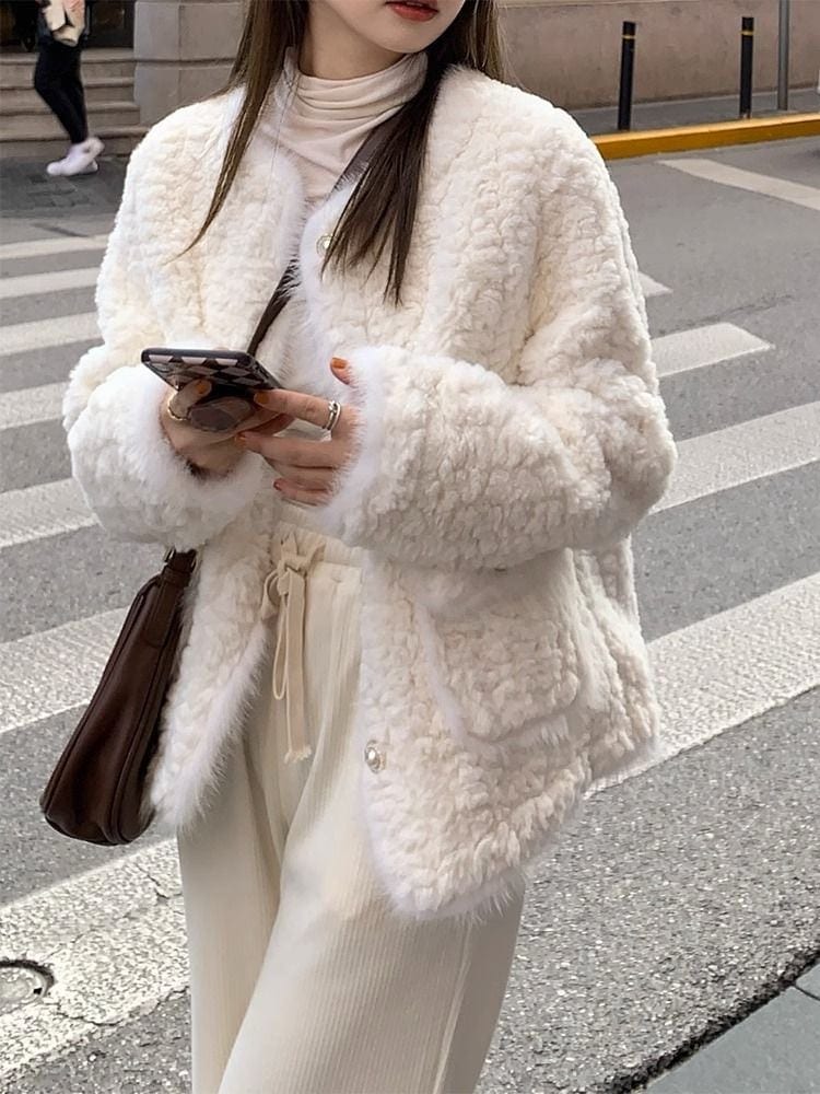 【1つ買うと10つ無料】コート女2025年新型子羊毛はウサギ毛に似せてゆったりして痩せて保温感のあるパイル上着を見せた