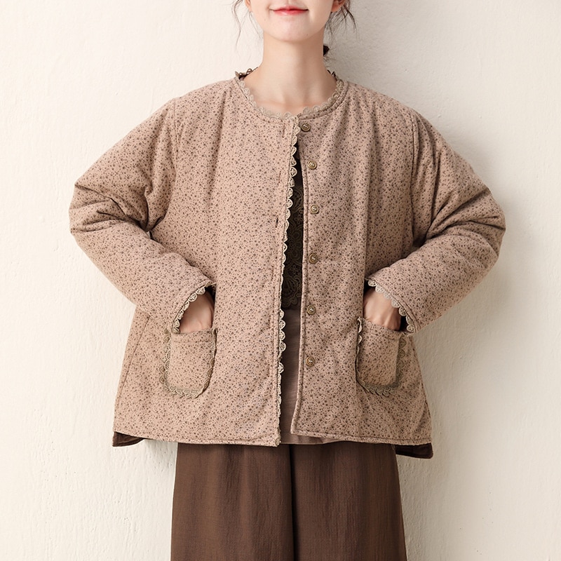 2色新品 中綿コート 森ガールレース花柄 コートボタンジャケット レディース ショート丈長袖 シンプル カジュアル秋冬 厚手 オーバーサイズ