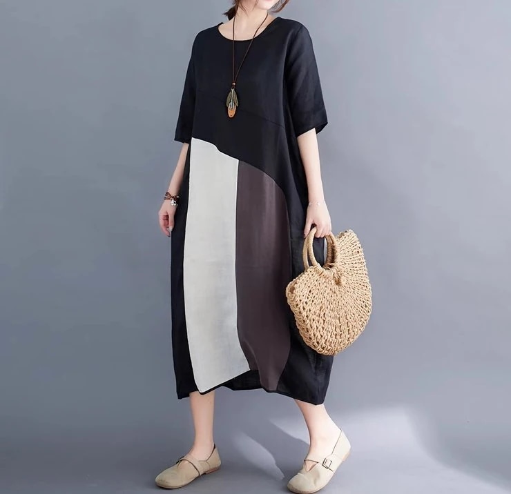 【2026 売れ中】お早めにどうぞワンピース プルオーバー レディース ドレス 8分丈 5分袖 ラウンドネック 襟なし ノーカラー ワイド Aライン 切り替えデザイン 配色 リネン 綿 コットン 麻