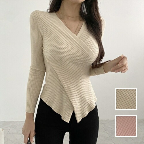 ニット セーター 韓国 ファッション レディース 春 秋 冬 カジュアル コーデ シンプル 定番 セレカジ 20代 30代 40代 2025 クロスデザイン カシュクール タイト目 ラフ