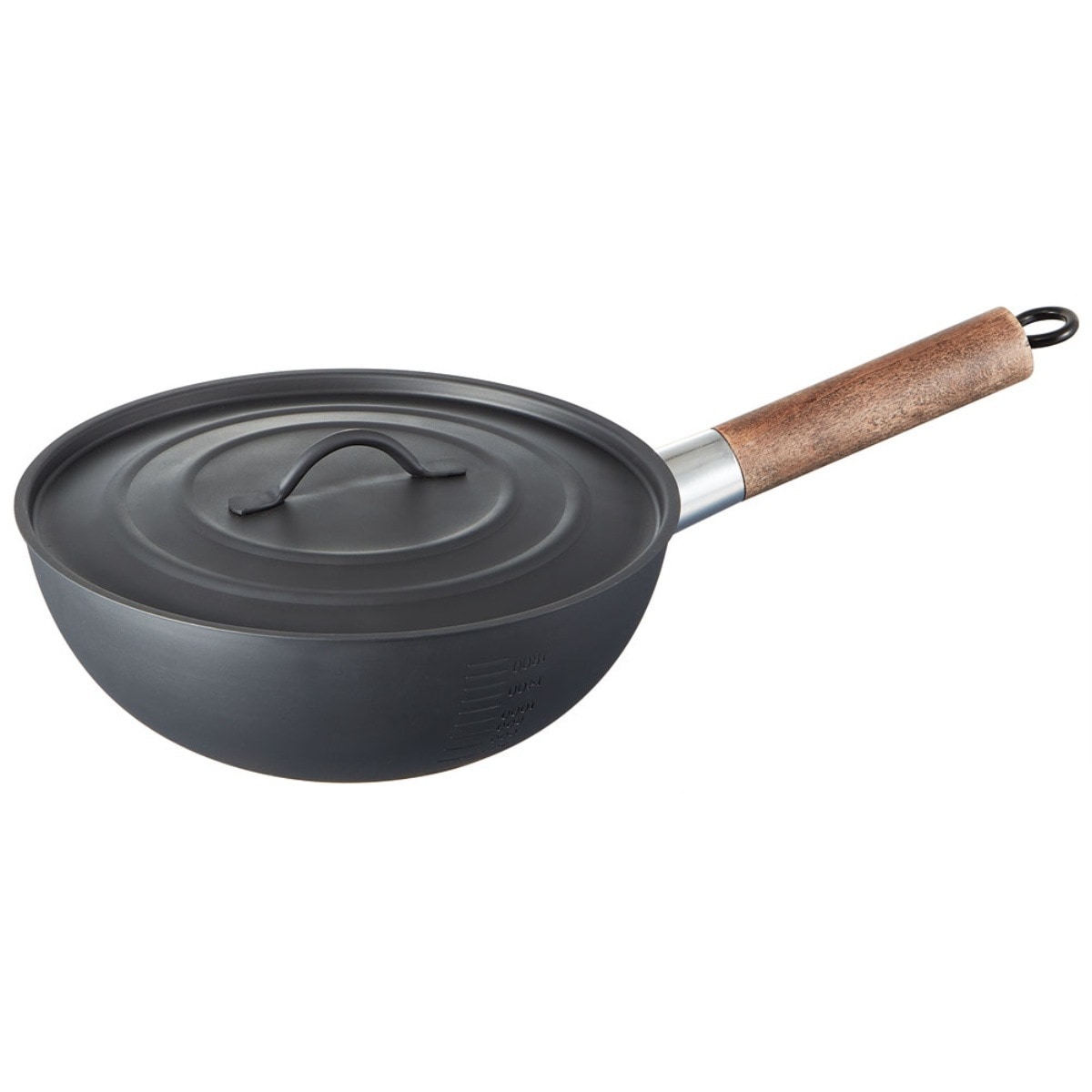 中華鍋 23cm アウトドア用中華鍋 アウトドア 鍋 目盛り付 調理器具 直火対応 蓋付き フタ 丸型 コンパクト キャンプ 登山 バーべキュー クッキング用品 鉄 収納袋