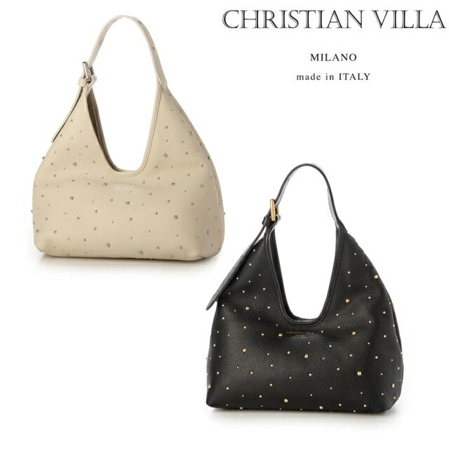 CHRISTIAN VILLA クリスチャンヴィラ スタッズ ハンド バッグ 肩掛けバッグ レディース イタリア製 牛革 ブラック レザー 6416