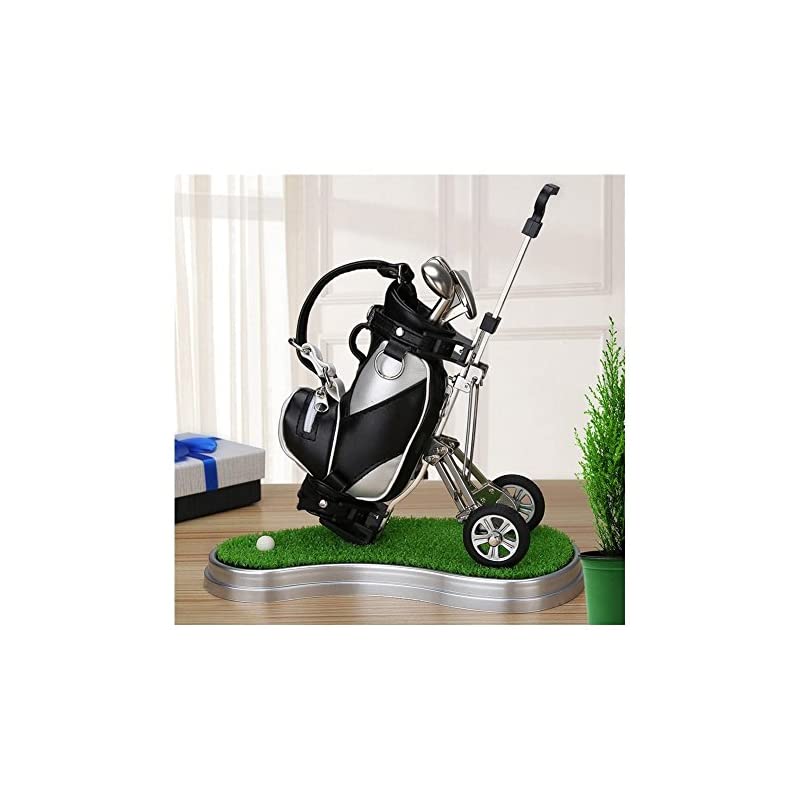 ゴルフペン ペン立て3本のペン ゴルフ景品 記念品ギフト 卓上スタンド ゴルフバッグ付 (芝生付)