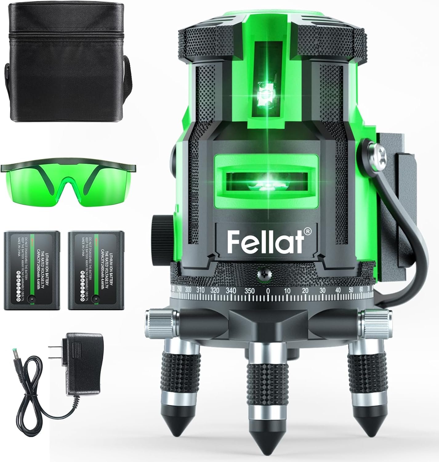 FELLAT レーザー墨出し器 5ライン グリーンレーザー 4方向大矩ライン照射モデル レーザーレベル 自動補正 回転レーザー線 4垂直 1水平 地墨ポイント 受光器対応 屋内・屋外兼用