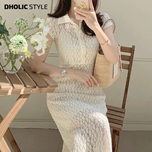 [メガ割りSALE]スリップ付レースポロカラー半袖ワンピース・p658341