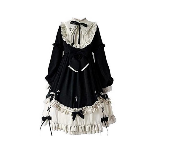 ゴスロリ ロリータ ワンピース 黒 長袖 膝丈 5点セット ブラック 十字架