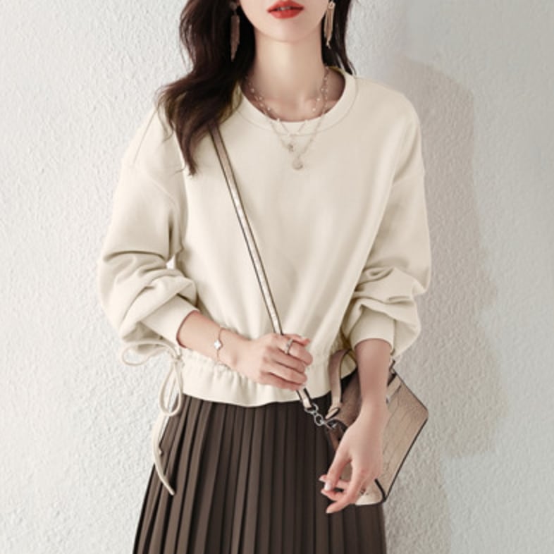 トップス デート カットソー プルオーバー 袖あり 長袖 リボン 無地 春 秋 10代 20代 個性的 ホワイト ピンク S M L XL こなれ感 エレガント クール ゆったり モード系