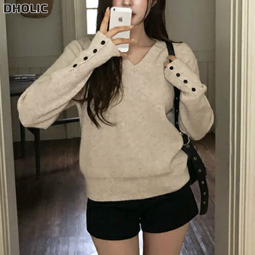 Vネック長袖ルーズボタンニット・1955118