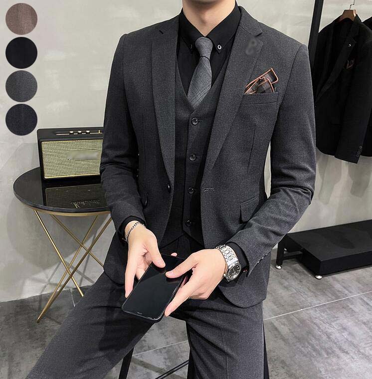 フォーマルスーツ 披露宴 紳士服 メンズスーツ スーツセット メンズ ビジネススーツ 3点セット ジャケット+パンツ+黒シャツ セットアップ シングルスーツ 結婚式スーツ パーティー 通勤 卒業式スー