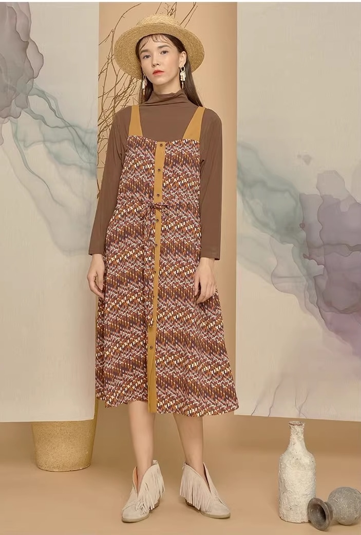 レディース ファッション 秋 オリジナル レトロ スプライシング パターン 女性 ストラップ スカート ワンピース 膝丈 膝下 ノースリーブ フレア ワイド かわいい 大人可愛い カジュアル 上品 14,475円