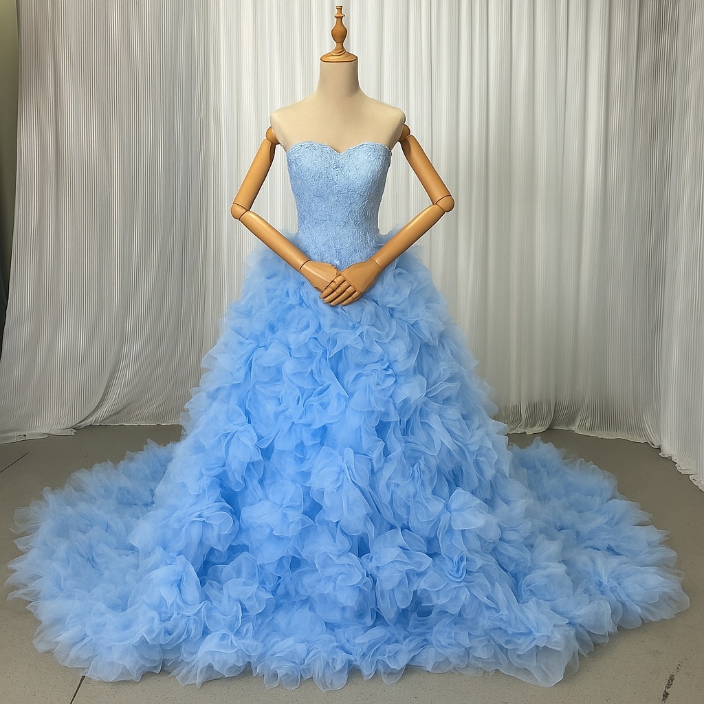 カラードレス 爽やかで優しいブルー 上質オーガンジー バラトレーン ベアトップ 繊細レース 編み上げ 華やかなトレーン 披露宴/結婚式 前撮り