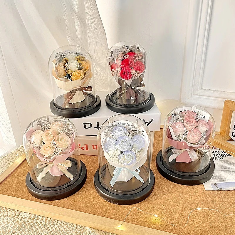 ロマンチックな造花ハグバケットオーナメントライト付きローズブーケバレンタインデーギフトポータブルフラワーバッグ