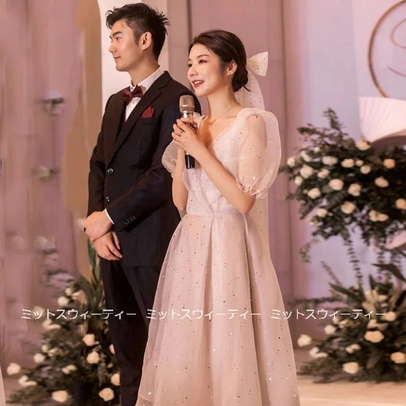 半袖ミモレ丈ウェディグドレス二次会花嫁パーティドレス結婚式白ワンピース演奏会小さ