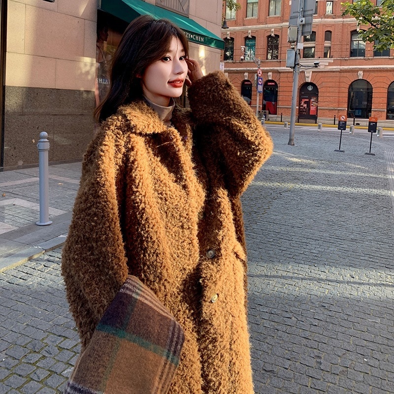 2024ヴィンテージファーワンラムウールコートレディースロングデザインとろみツイードコート