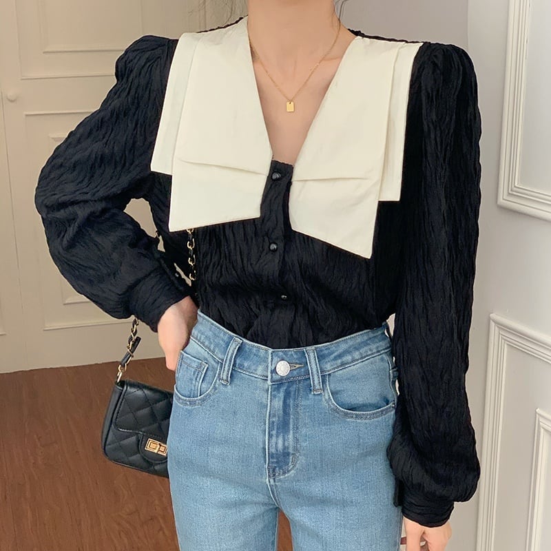 レディース トップス シャツ ブラウス シャツブラウス プリーツシャツ ビックカラー