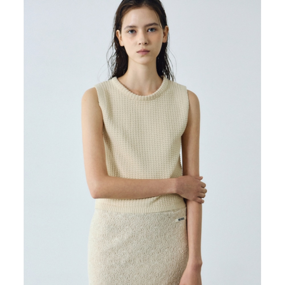 ニック&ニコールワッフルニットノースリーブ_ライトベージュ