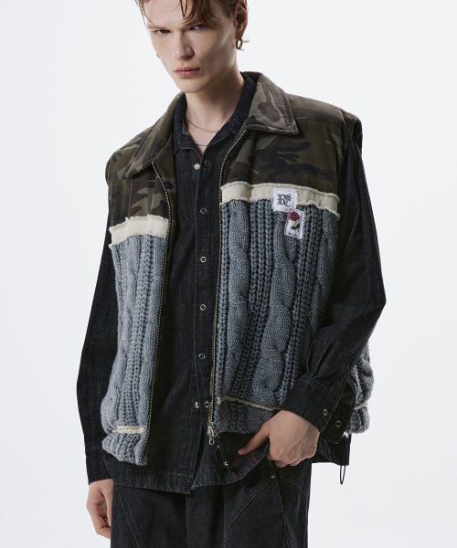 【RSSC】 DENIM & KNIT PADDING VEST : CAMO/GRAY