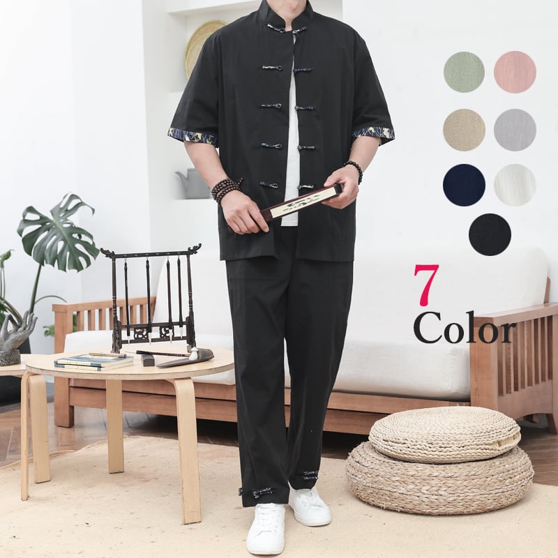 薄手綿麻素材の半袖カンフー太極拳セットアップ鶴のプリントが施された折り返し袖とチャイナボタンが印象的です