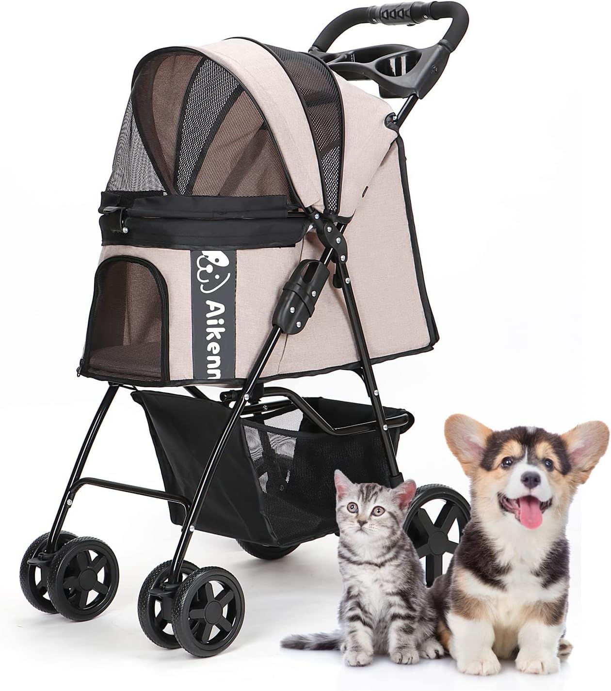 ペットカート 折りたたみ 犬用ベビーカー 猫バギー 前輪360回転 後輪ブレーキ付 多機能 小型犬 中型犬 猫 散歩 外出 飛び出し防止 軽量 ワンタッチ開閉 組み立て簡単 耐荷重15KG (カーキ