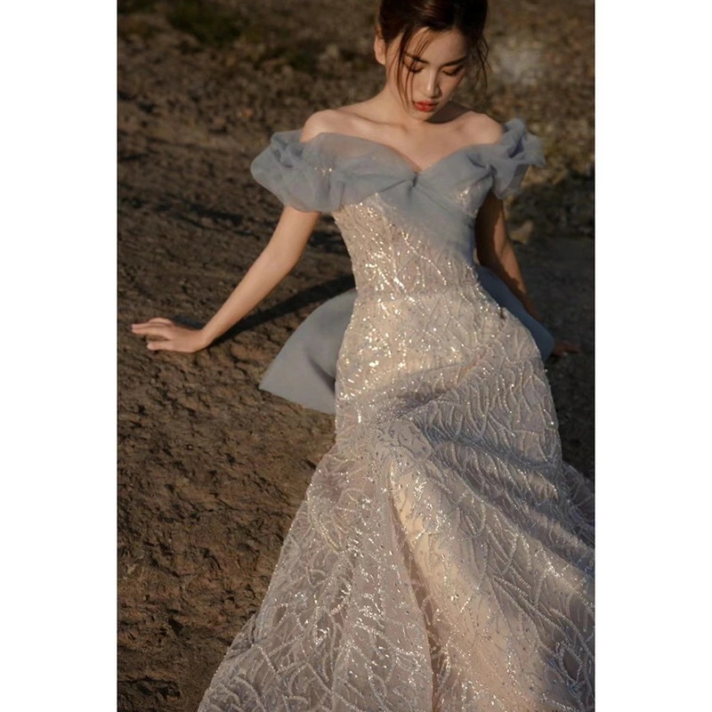 イブニングドレス オフショルダー ブルー グレー Aライン 発表会ドレス ロングドレス キラキラ キレイめ パーティードレス マーメイドドレス サックス ロング トレーンドレス オフショル チュール