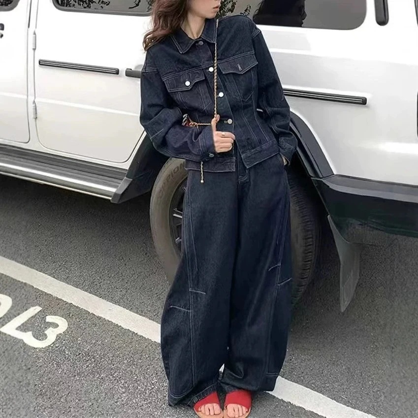 レディース トップス パンツ ボトムス シャツ セットアップ デニム 前開き ロングパンツ ワイドパンツ デニムパンツ 長袖 襟付き 角襟 オーバーサイズ フェミニン ポケット ボタン アメカジ
