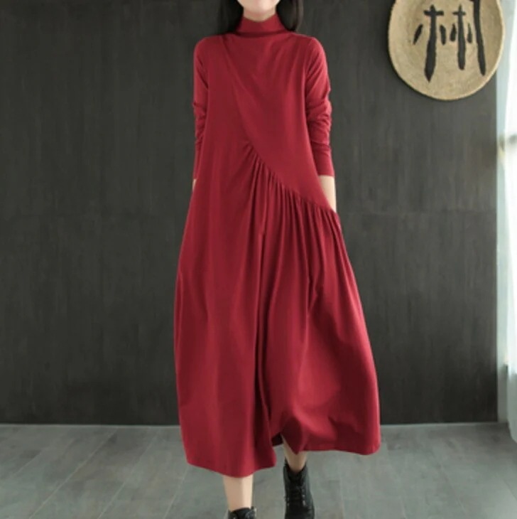 ワンピース デート かわいい 大人可愛い きれいめ シンプル カジュアル 大人 上品 おしゃれ ハイネック 長袖 ロング丈 Aライン フレア 無地 ギャザー入り 無地 韓国 2XL ロングシーズン