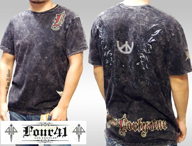 Four41 Los Angeles フォーフォーティーワン メンズ ラインストーン Tシャツ ピースイーグル ブラック M-13 スワロフスキー インポート セレブ ブランド ストリート LAセレブ