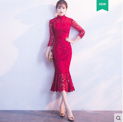 赤 レース パーティードレス マーメイドドレス タイトドレス ロングドレス お洒落 成人式 二次会 演奏会 お呼ばれ 20代 30代 40代 5分袖-54