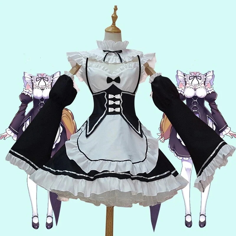 メイド服 制服 レム ラム コスプレ ゴスロリ 仮装 大人 可愛い メイドドレス ロリータ ワンピース 衣装 コスム 仮装