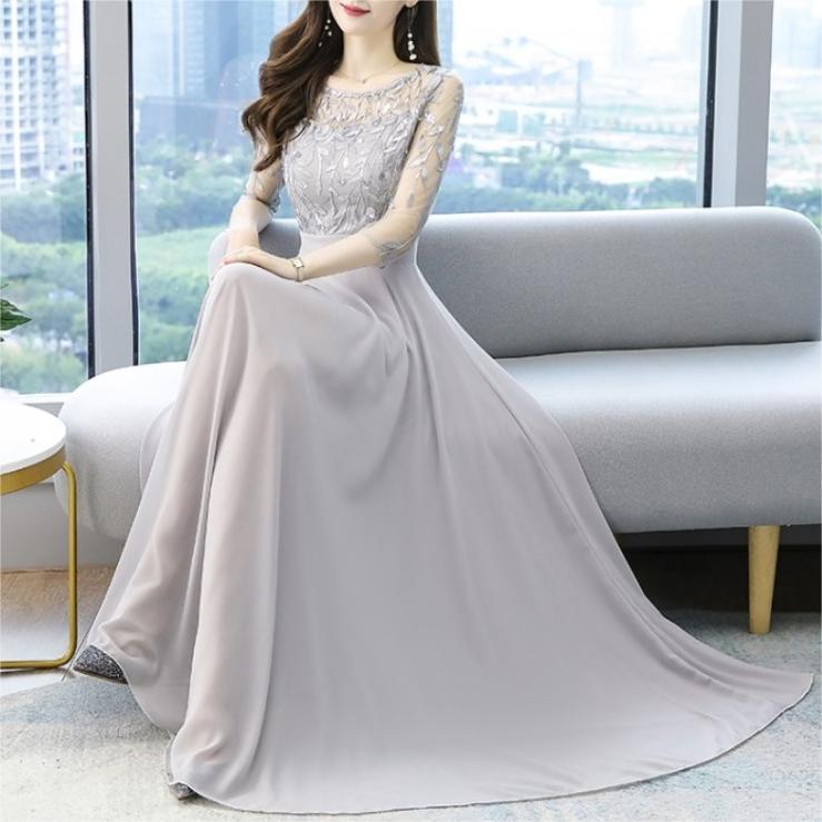 【女性大人気】 お呼ばれドレス刺繡デザインロングラウンドネック4色入り切り替えAライン7分袖イブニングドレス