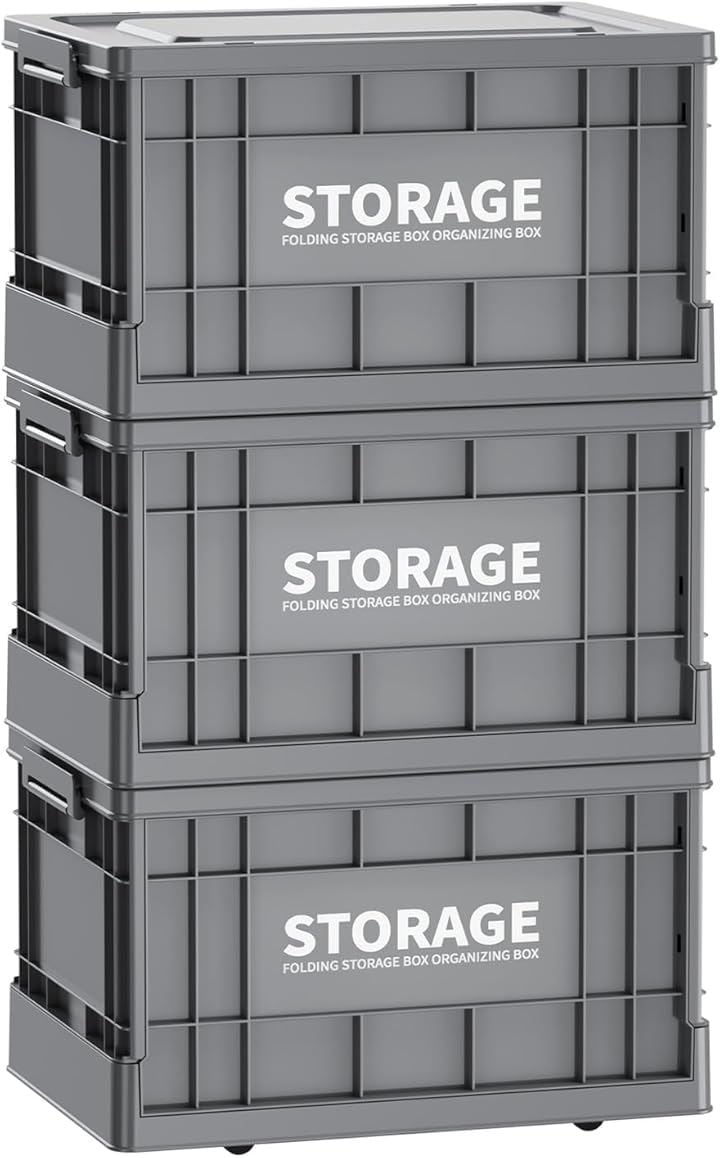 収納ボックス 折りたたみ式 大容量 コンテナボックス 蓋付き キャスター付き おしゃれ プラスチックケース クローゼット 押入れ 衣類(3個セット，ダークグレー, X-Large)