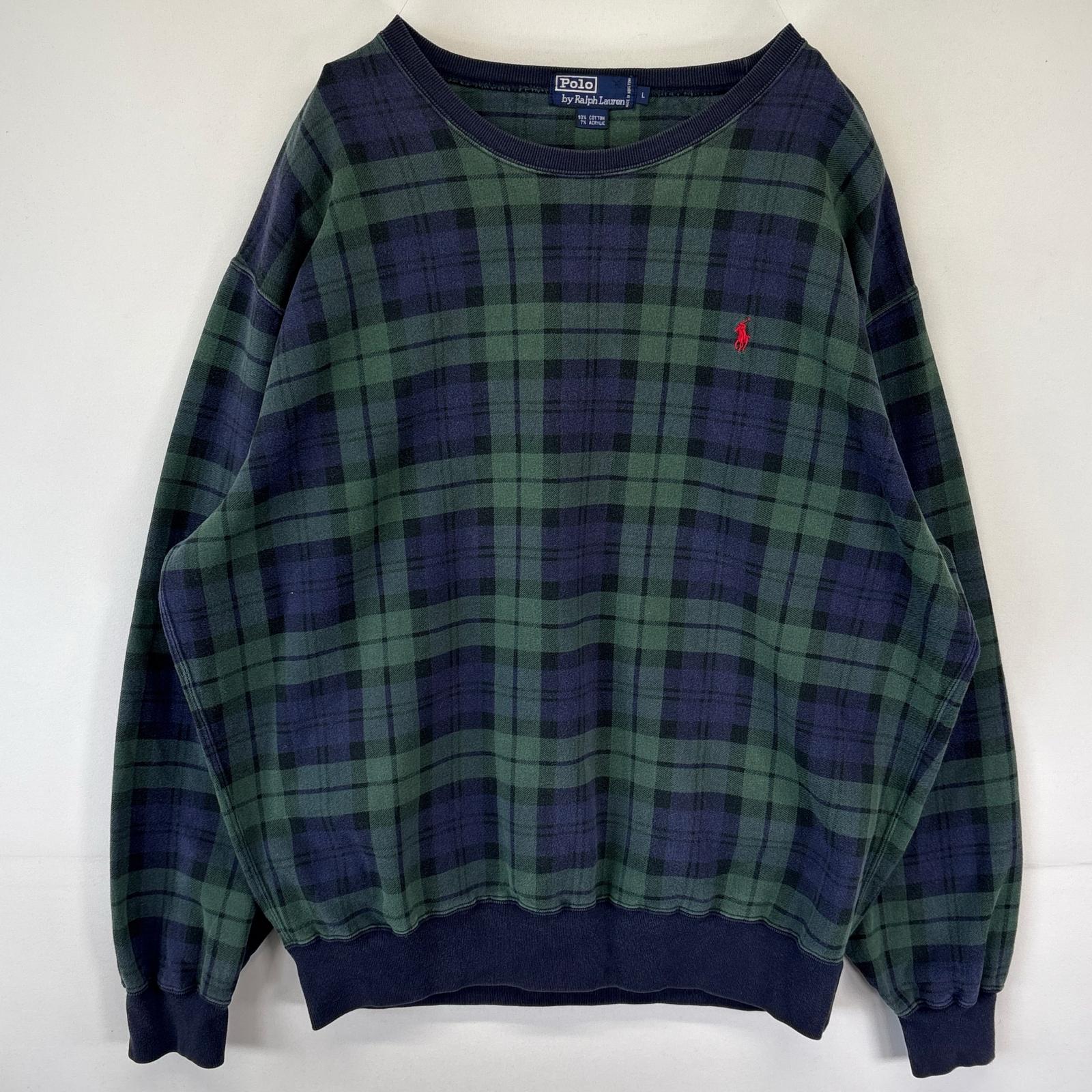 古着 90s/90年代 ポロバイラルフローレン Polo by Ralph Lauren スウェット トレーナー チェック L ネイビー メンズ