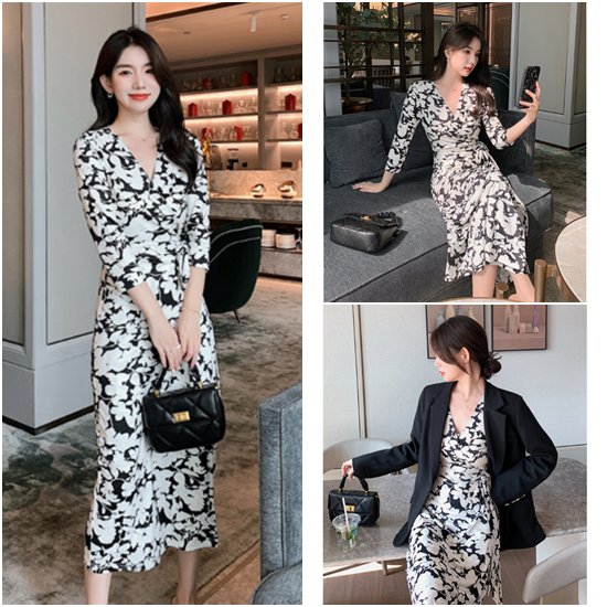 【取寄：納期2週間】半袖ロングワンピースドレス 大きいサイズ L Vネック 花柄ワンピース Aラインスカート リゾートワンピース お呼ばれ きれいめ エレガント お洒落 ハイウエスト カシュクール