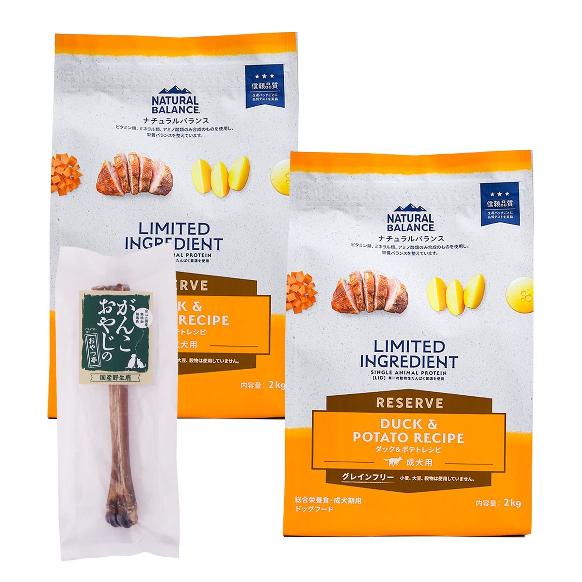 LIDグレインフリー 成犬用 ダック＆ポテト 2kg×2袋【国産鹿デンタルボーン 1本付き】