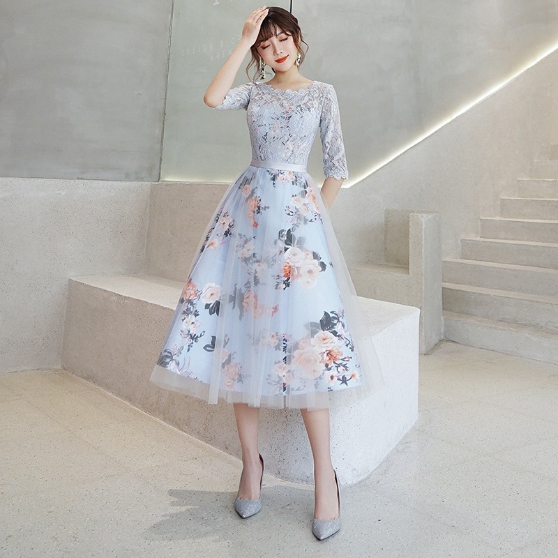 パーティードレス レディース 五分袖 ミモレ丈 花柄 Aラインワンピース 演奏会 エレガンス 二次会ドレス 披露宴 ウェディング 発表会 ドレス