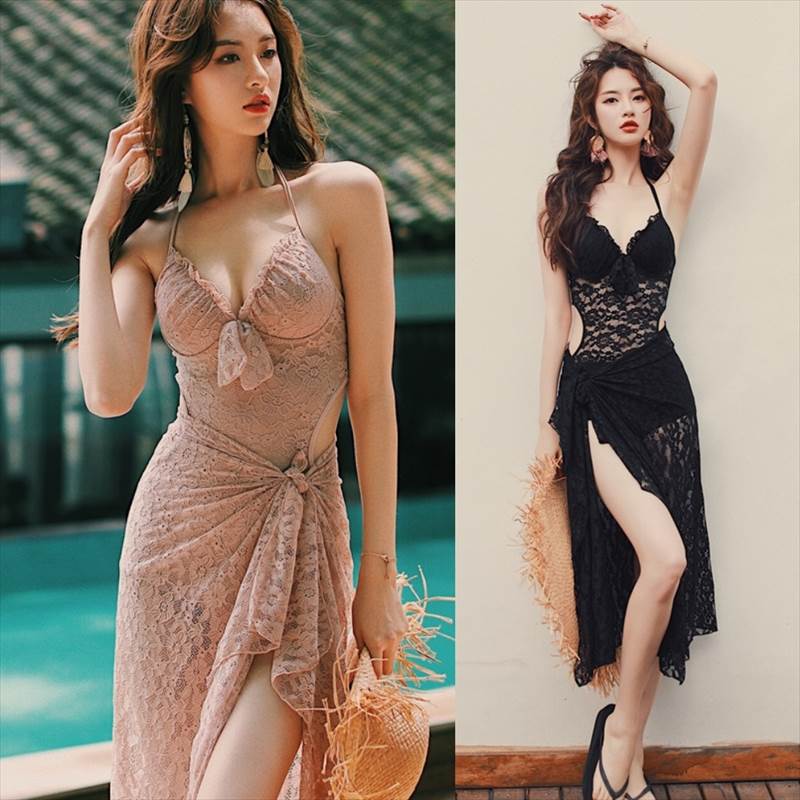 ワンピース 水着 モノキニ 総レース セクシー パレオ 3点セット おしゃれ 大人かわいい ホルターネック バックリボン 透け感 黒 ピンク 無地 個性的 いい女 ロングパレオ 巻きスカート モテ レ