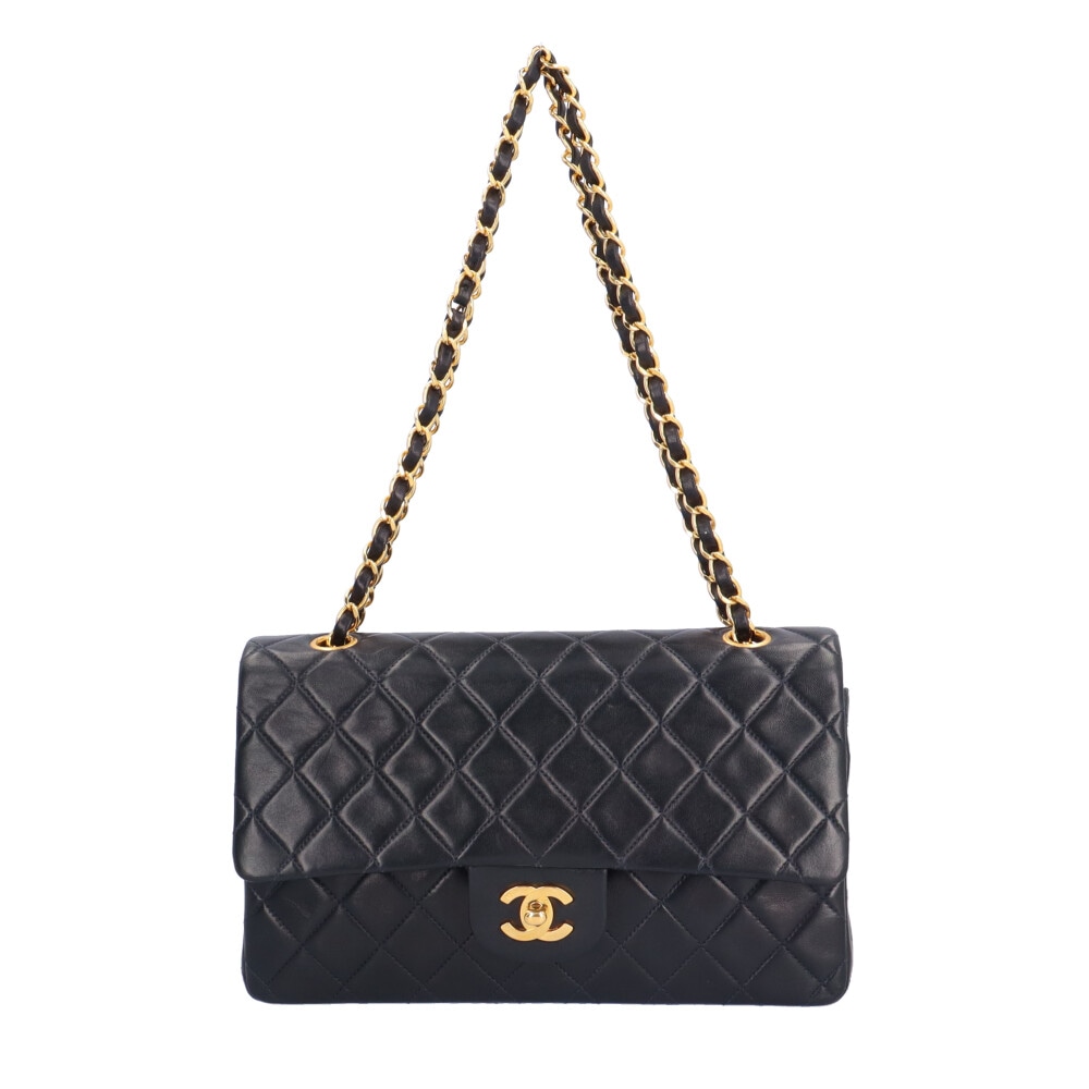シャネル ダブルフラップ25 マトラッセ ショルダーバッグ ラムスキン ネイビー CHANEL 中古