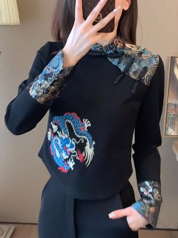 レディース ファッション 服 トップス スタンドカラー スリム 大きいサイズ 春秋 大人カワイイ シンプル カワイイ オシャレ ドラゴン
