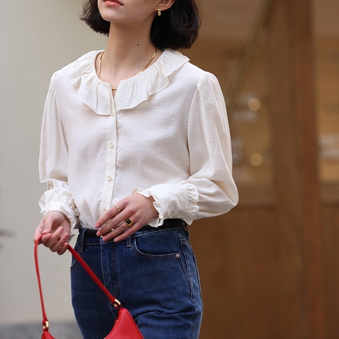 トップス レディース ブラウス カットソー きれいめ 個性的 春服 秋服 冬服 長袖 襟付き SNS 映え 写真 映え モテ 流行 トレンド 高見え ホワイト ベーシック シンプル ナチュラル カジュ